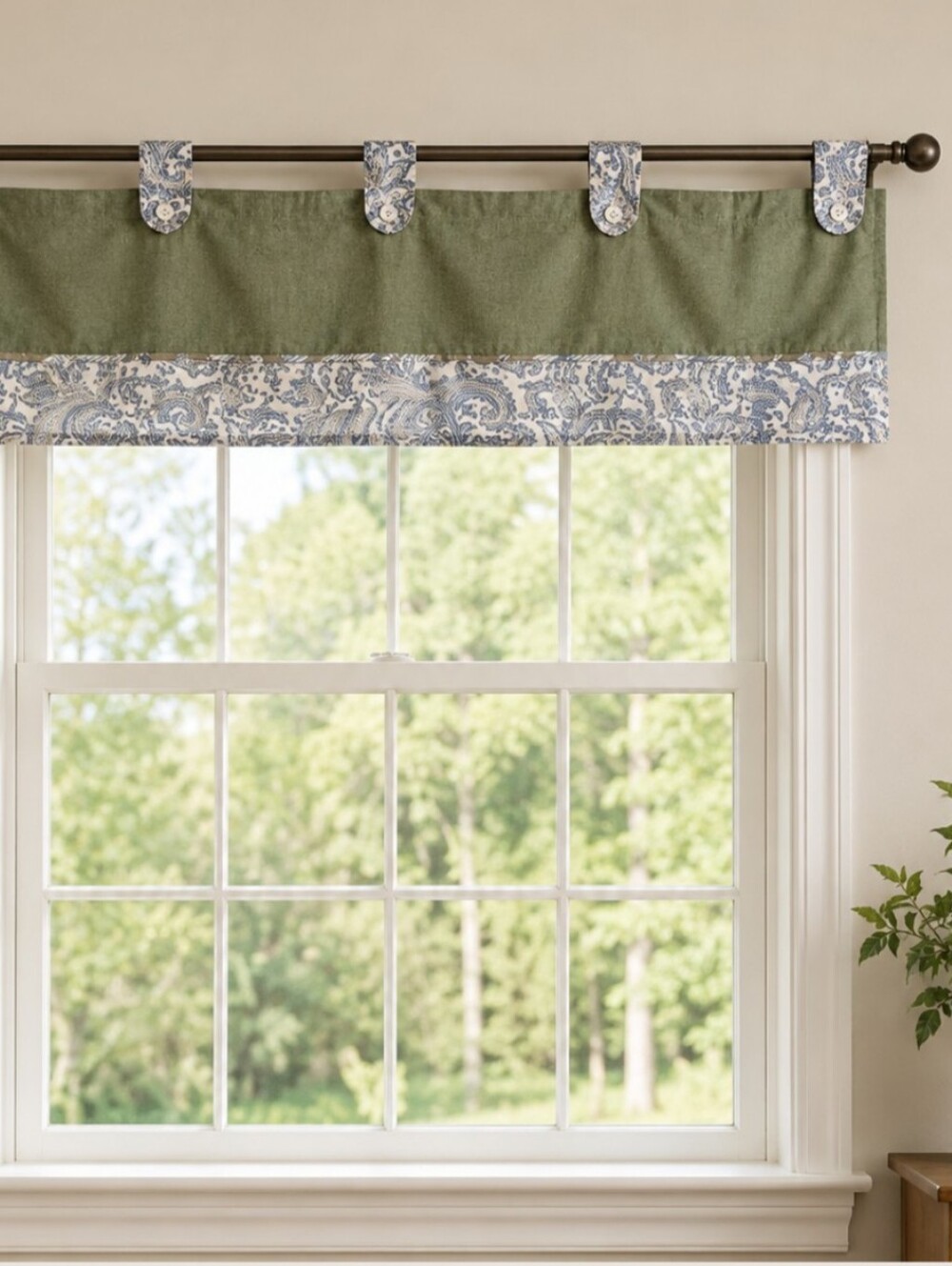 Villager Sage Green Tab-Top Valance with Paisley Trim